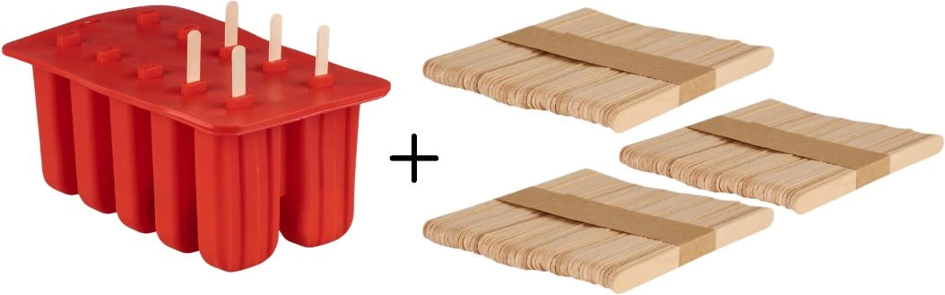 Sareva IJsjesmaker Voor 10 Ijsjes - Rood - Siliconen + 150 Houten IJsstokjes 3 Sareva IJsjesmaker Voor 10 Ijsjes - Rood - Siliconen + 150 Houten IJsstokjes